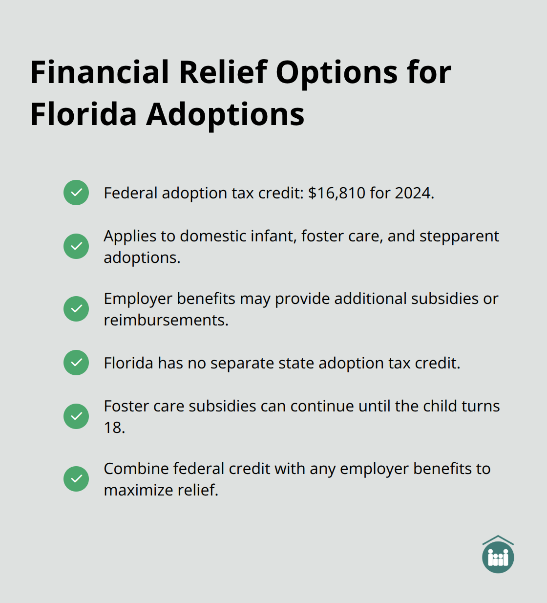 Checklist of tax credits, subsidies, and benefits that reduce adoption costs in Florida.