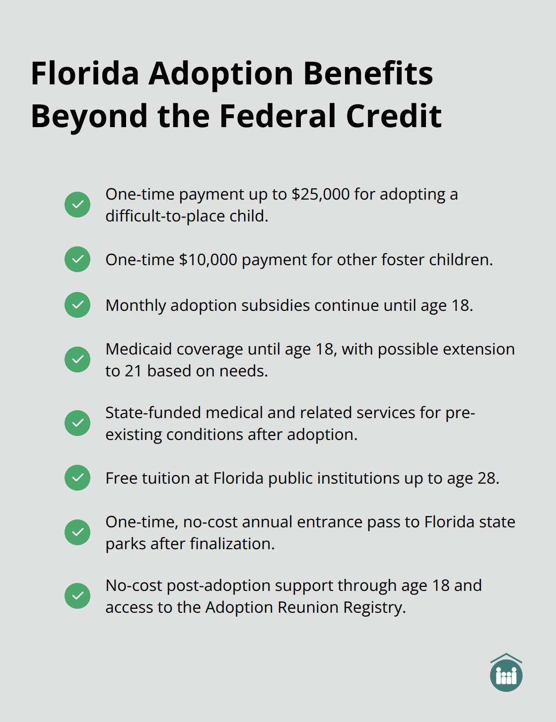 Checklist of Florida state adoption benefits including one-time payments, monthly subsidies, health coverage, tuition waivers, park access, and post-adoption support. - adoption tax credit 2025 foster care