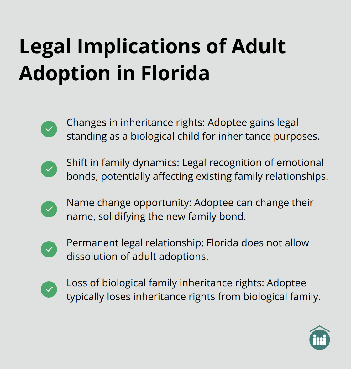 Checkmark list chart showing key legal implications of adult adoption in Florida, including changes in inheritance rights, family dynamics shift, and name change considerations. - adult adoption Boca Raton Florida