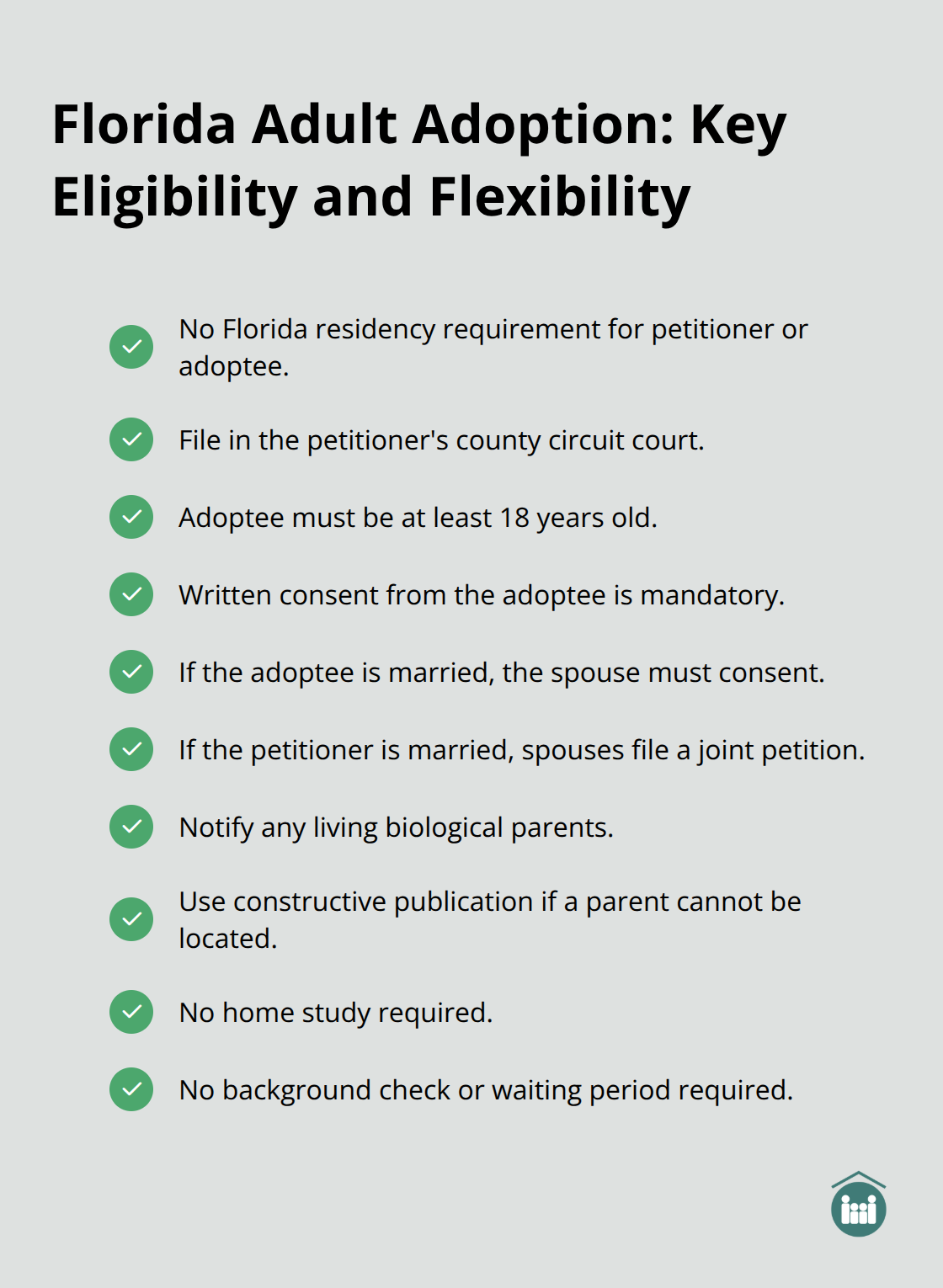 Checklist of key Florida adult adoption requirements and flexibilities for U.S. readers - Adult adoption information Florida
