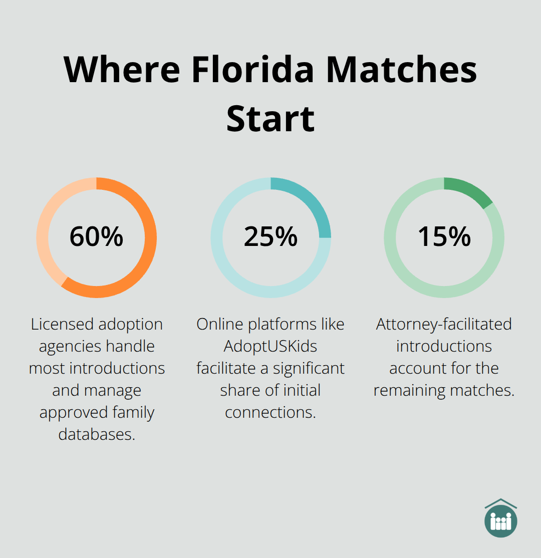 Breakdown of how birth mother matches begin in Florida: agencies, online platforms, and attorney-facilitated introductions.