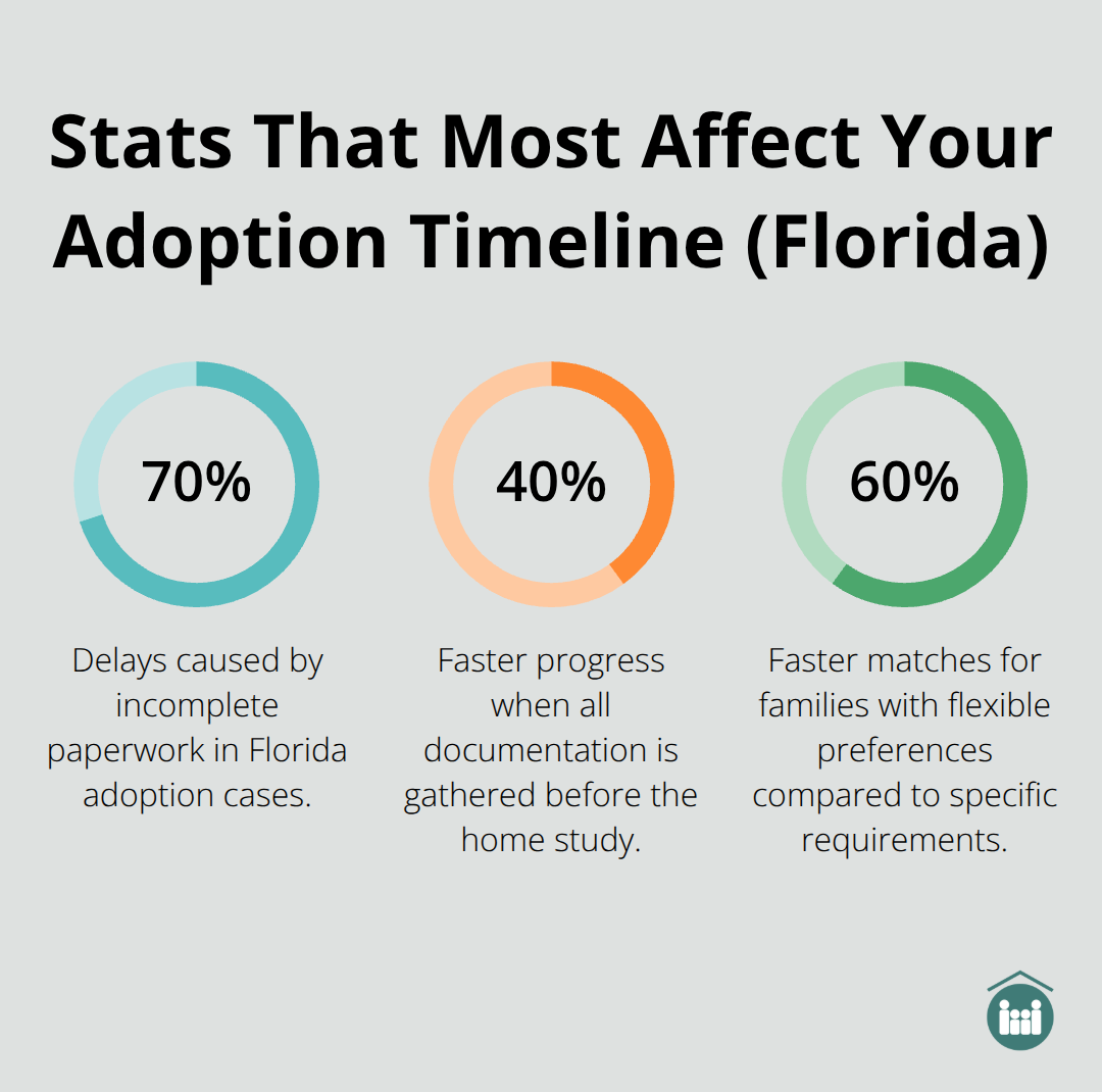 Chart showing 70% delays from incomplete paperwork, 40% faster with complete documents, and 60% faster with flexible preferences. - how long can the adoption process take