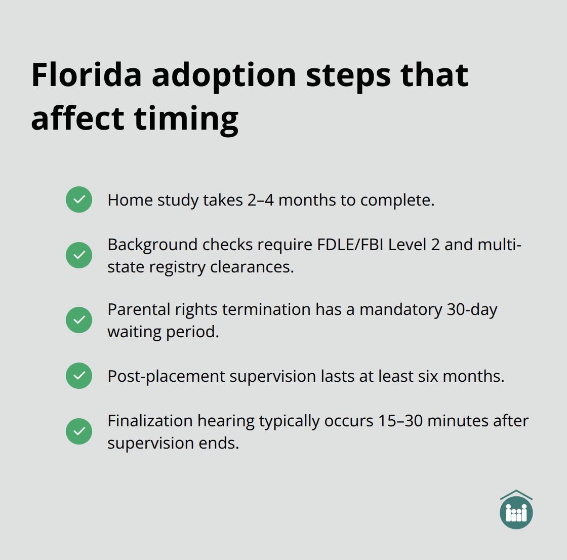 Checklist of Florida adoption requirements and milestones that influence how long the process takes in Florida - how long for adoption process