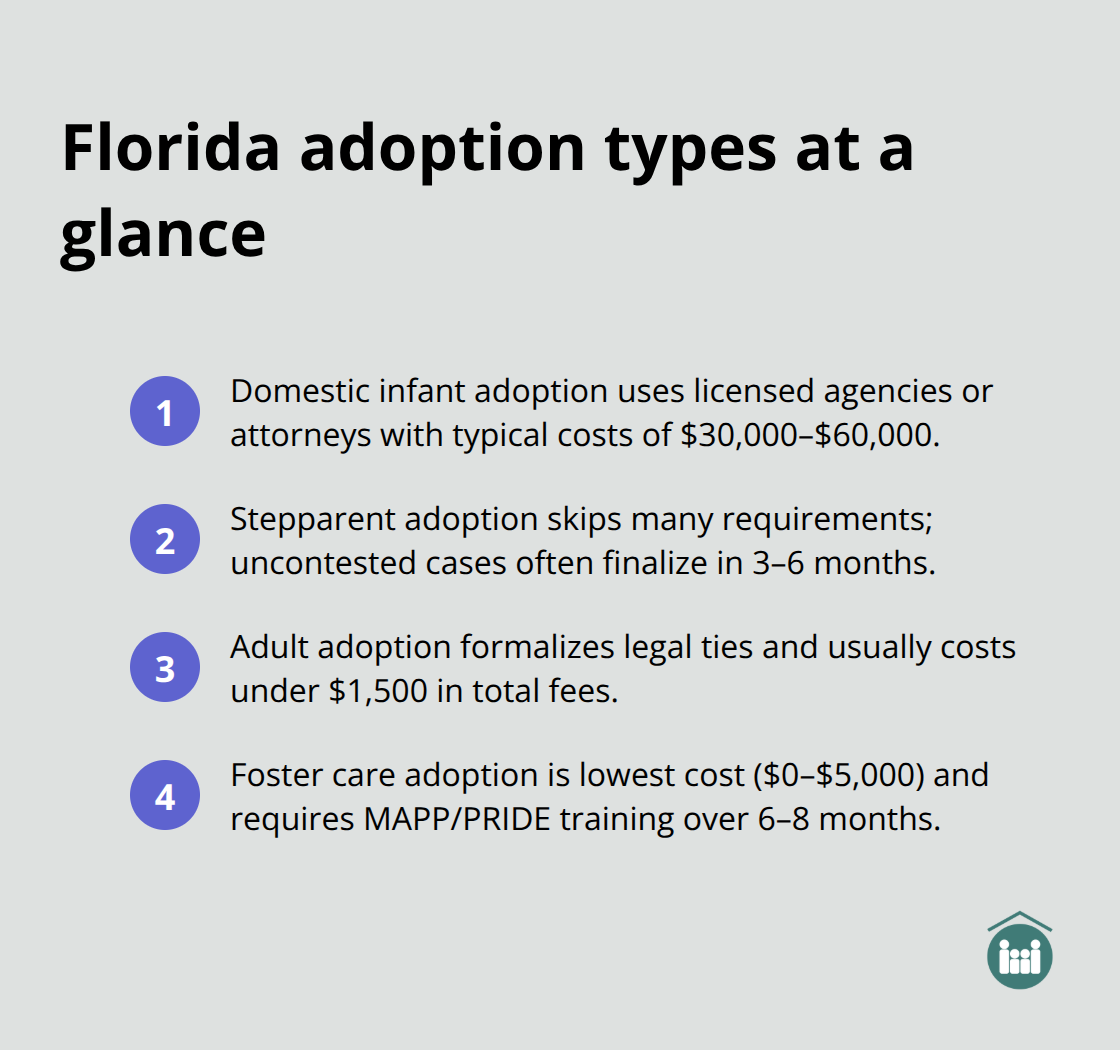 Summary of four Florida adoption paths with typical costs and timelines - how to begin adoption process