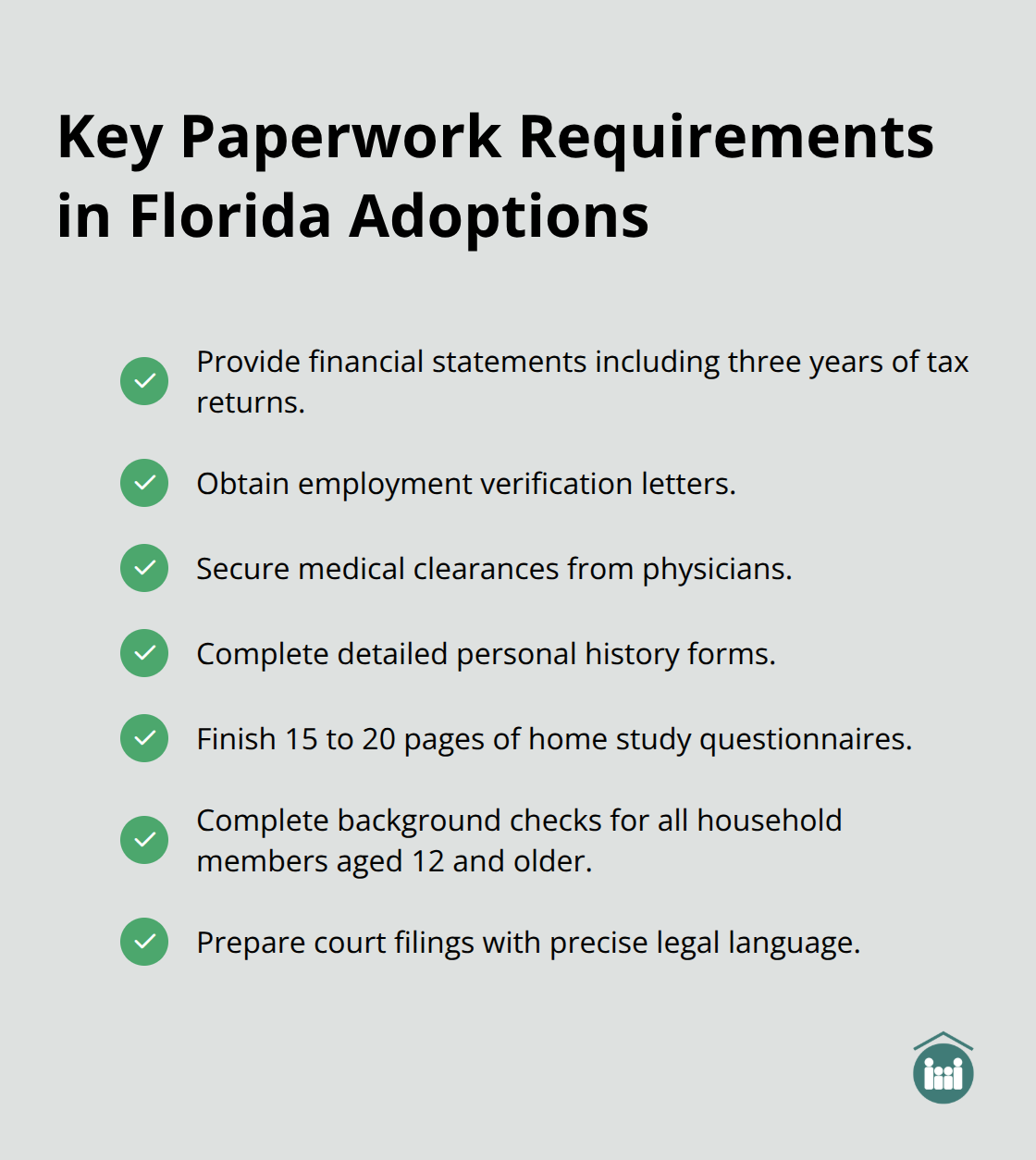 Checklist highlighting essential Florida adoption paperwork and filings