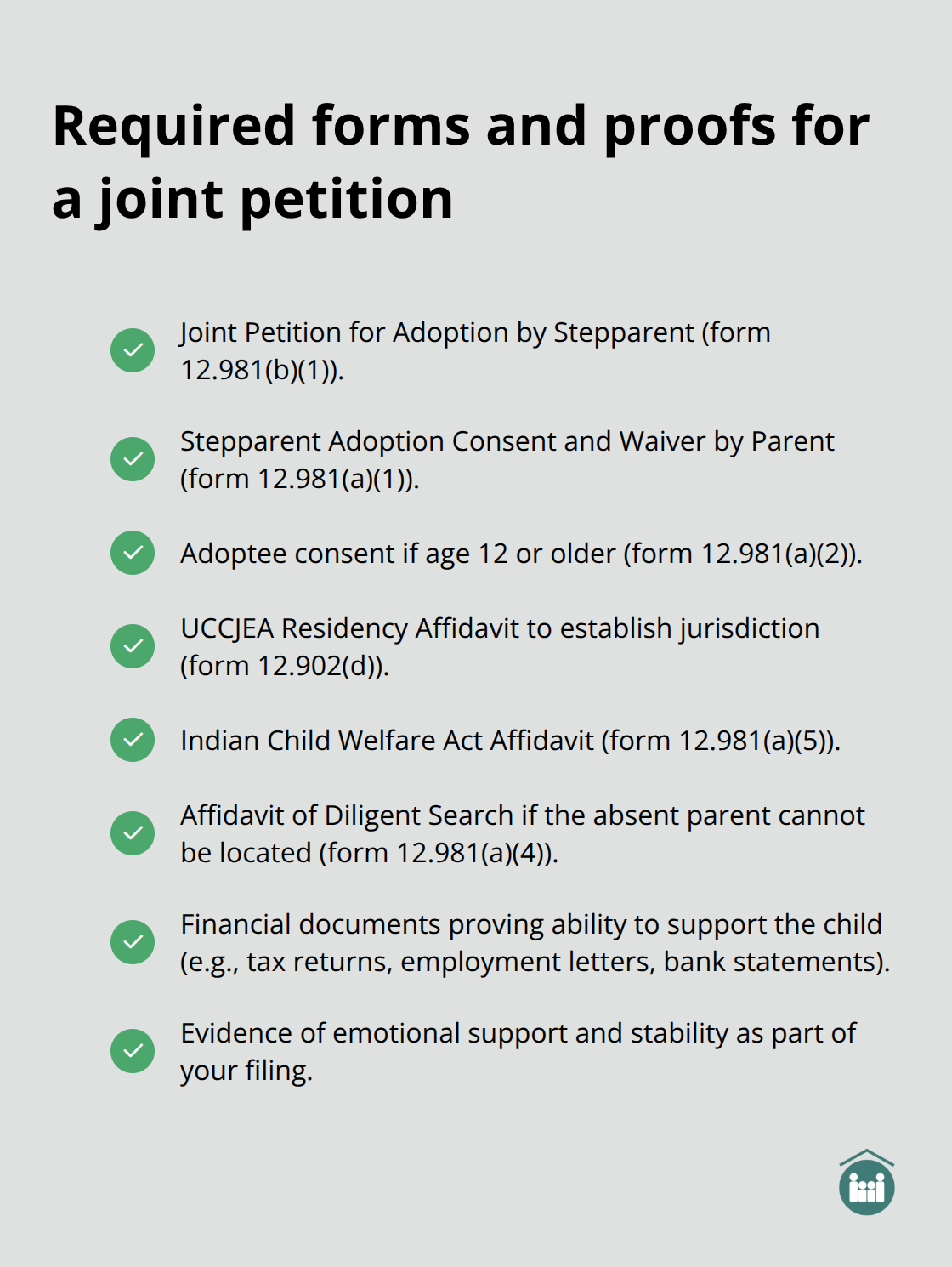 Checklist of documents needed for a Florida stepparent joint petition - joint petition for adoption by stepparent