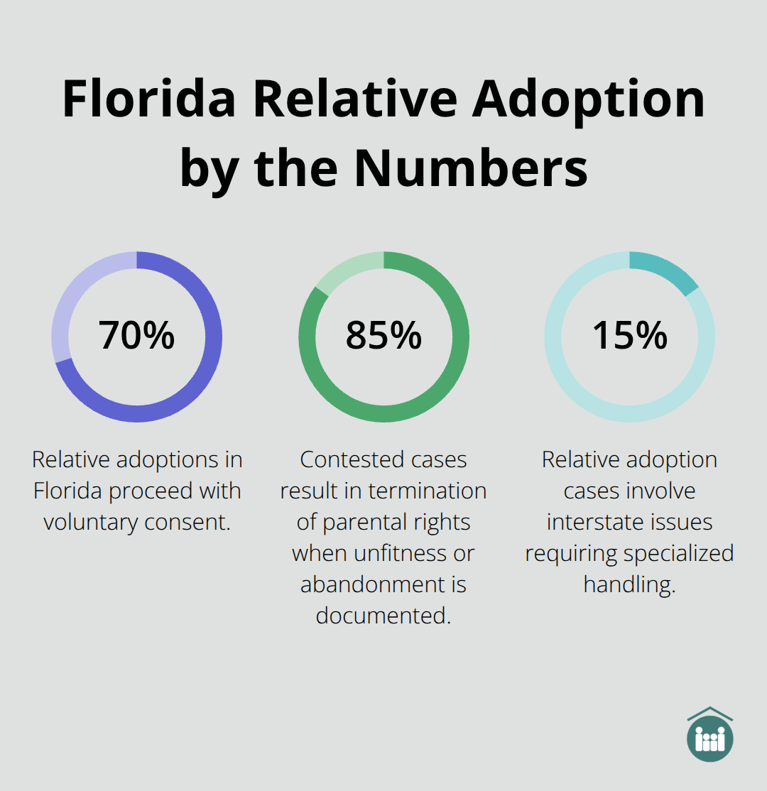 Percentage stats highlighting consent rates, contested case outcomes, and interstate case frequency in Florida relative adoptions