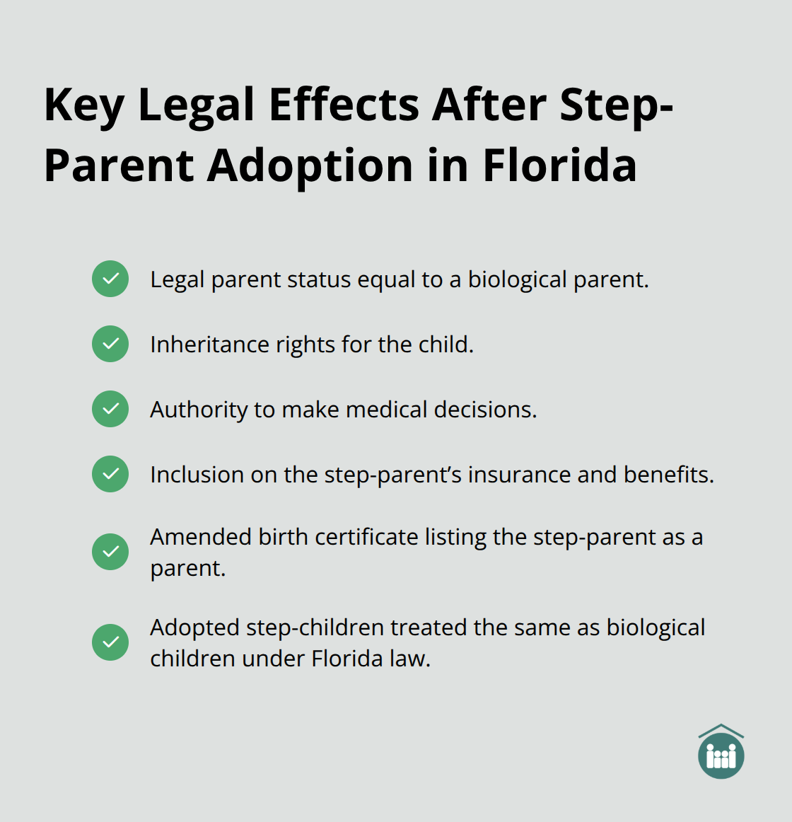 Checklist of the main legal changes and benefits that occur after a Florida step-parent adoption is finalized. - step-parent adoption process